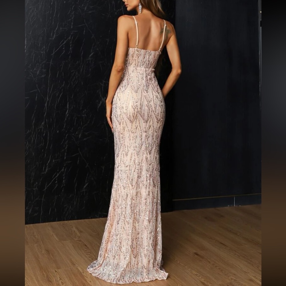 Luxe mesh insert mermaid hem sequins party formal prom gown dress champagne - Picture 3 of 8